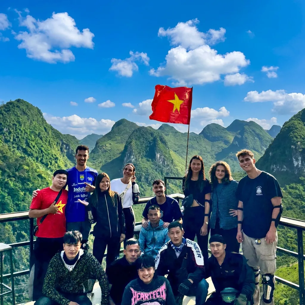 Freedom riders and guides with a Vietnamese flag under a blue sky above Ha Giang karst mountains